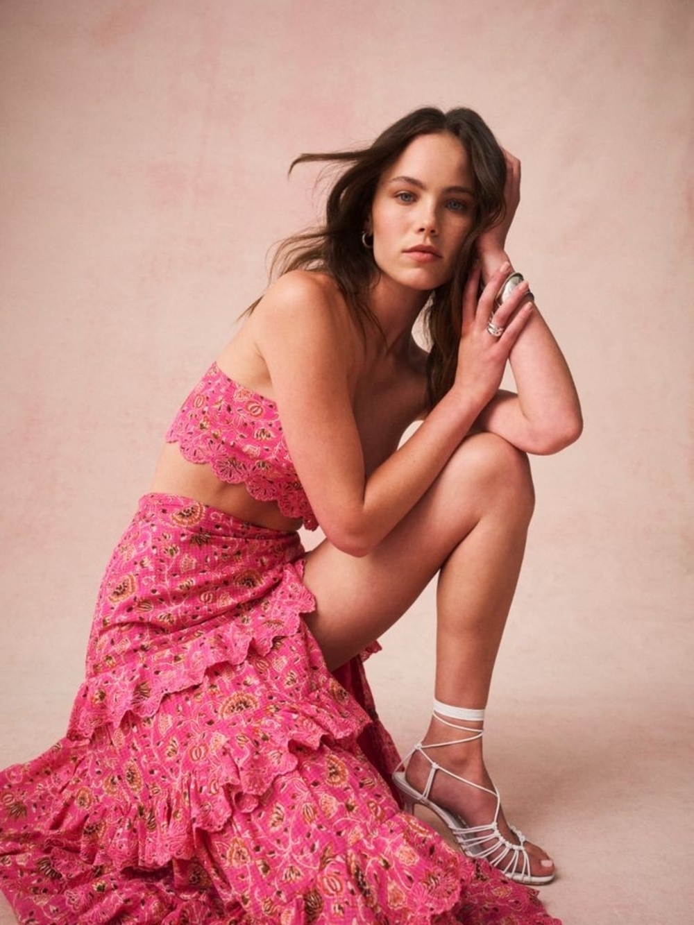 Caroline Constas | Tiered Vibrant Pink Floral Maxi Skirt With Leg Slit | Size M